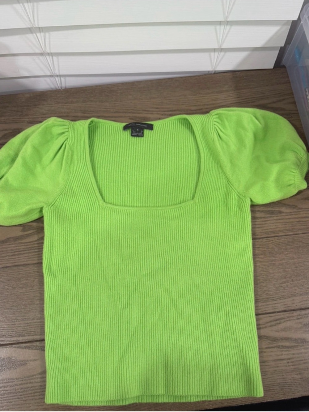 Square Neck Puff Sleeve Ribbed Top - Green